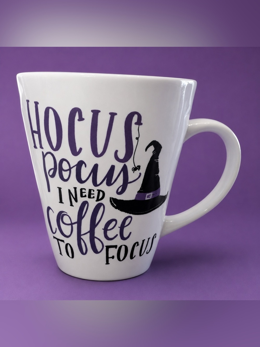 White Ceramic 'Hocus Pocus I Need Coffee to Focus' Mug with Purple Accent